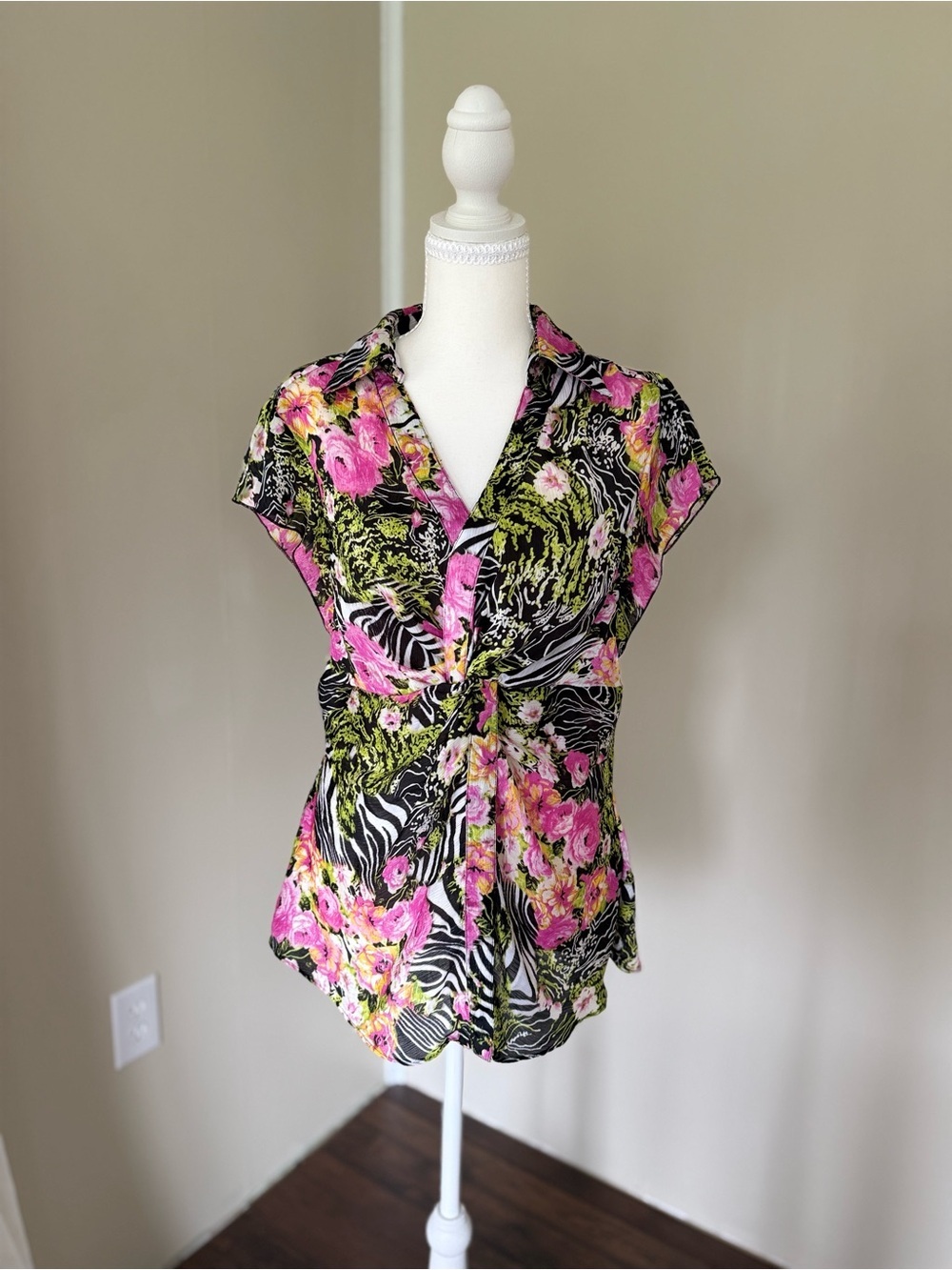 Vintage Floral & Zebra Twist-Front Short Sleeve Blouse Top Black Pink Green Y2K - Picture 4 of 10